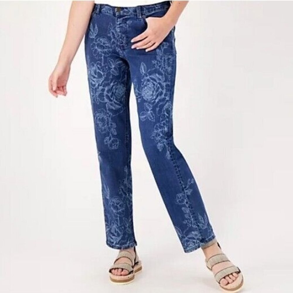Denim & Co. Floral Printed Easy Stretch Denim Girlfriend Jean Medium Wash Reg 2